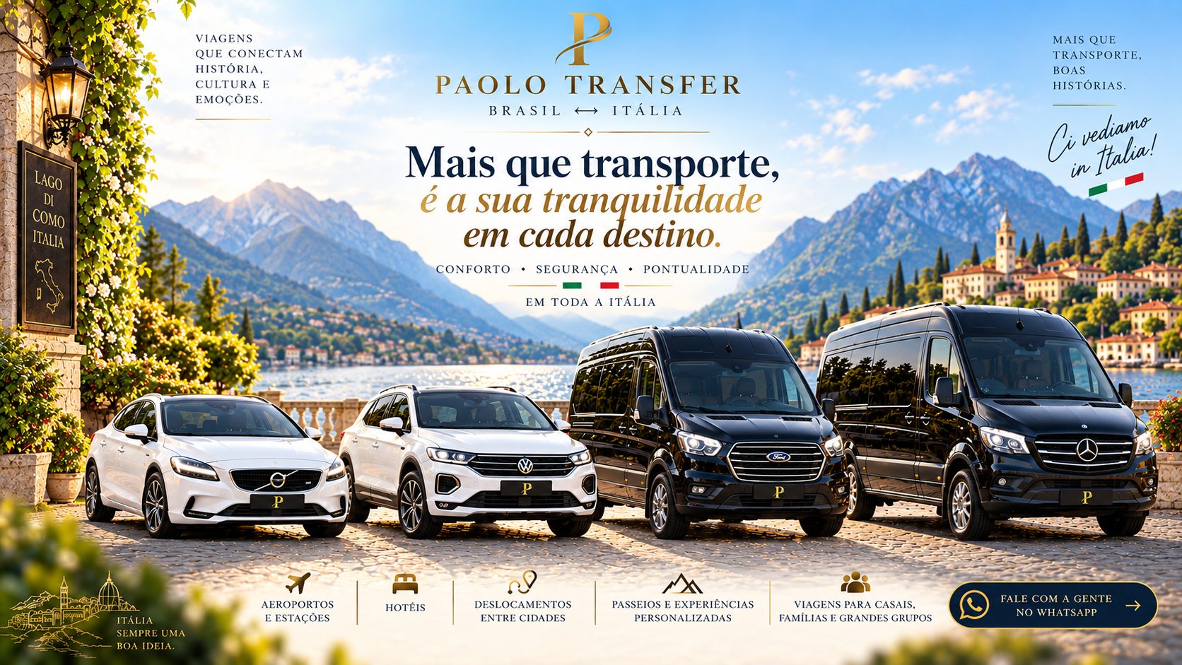 Frota Paolo Transfer diante do Lago di Como: Volvo V40, Volkswagen T-Roc, Ford Transit e Mercedes minibus