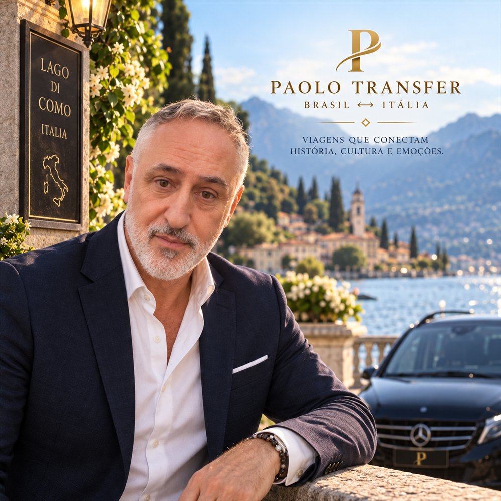 Paolo, à beira do Lago di Como, ao lado do carro da Paolo Transfer